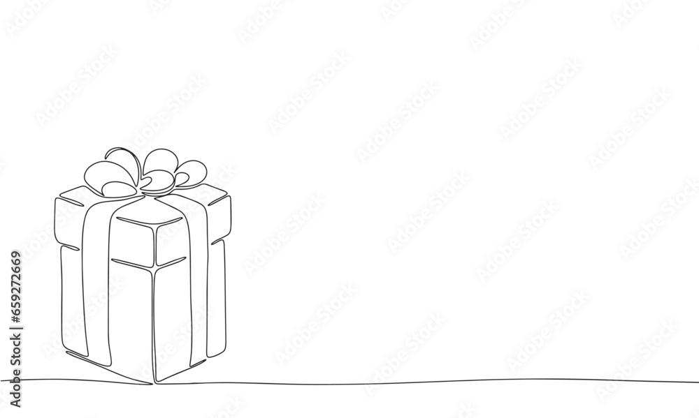 Poster gift box one line continuous. present box line art. vector illustraiton.