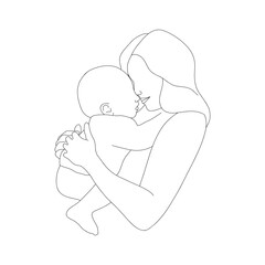 Mother and child in linear style. Happy mom hugging her newborn baby. One line art. Minimalistic vector illustration. Abstract family silhouette.