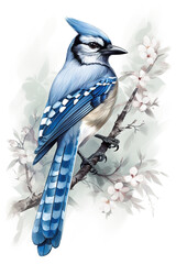Image of a blue Jay perched on a branch and a beautiful flower. Birds. Wildlife Animals. Illustration, generative AI.