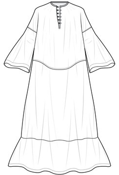 womens flare bell sleeve ruffle hem long maxi dress flat sketch vector illustration technical cad drawing template