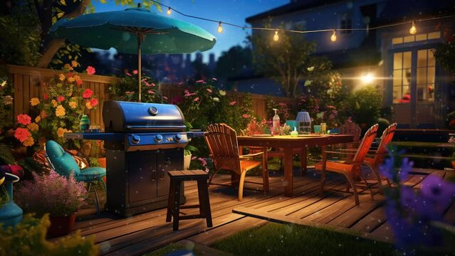 A backyard barbecue party with a grill sizzling with burgers and skewers animation background with anime or cartoon style. seamless looping time-lapse virtual video animation background.