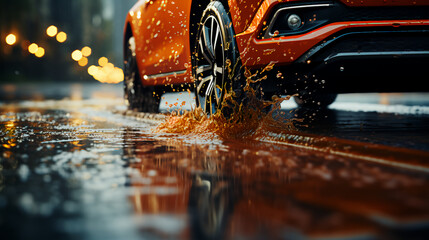 Car wheel with new tires during rain on a wet road with puddles - obrazy, fototapety, plakaty