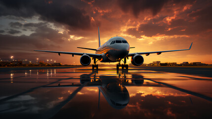 Large passenger plane on the runway at sunset. Vacation travel and flights concept - obrazy, fototapety, plakaty
