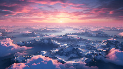 Mountain peaks with snow peaks with pink clouds at sunset view from above