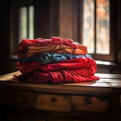 Stories in Stitches: A Meticulously Folded Tapestry of Stacked Colorful Clothes. Generative AI 2