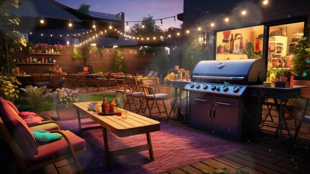 A backyard barbecue party with a grill sizzling with burgers and skewers animation background with anime or cartoon style. seamless looping time-lapse virtual video animation background.