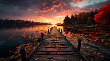 Small beautiful wooden forest pier in a river or lake at sunset - obrazy, fototapety, plakaty