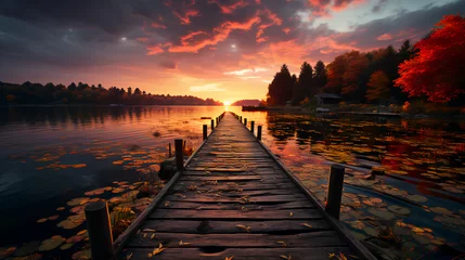 Zelfklevend Fotobehang Small beautiful wooden forest pier in a river or lake at sunset © Aliaksandra