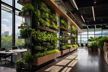 Indoor vertical garden in open space office. concept of improving employee work environment in modern enterprises. generative AI