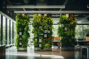 Indoor vertical garden in open space office. concept of improving employee work environment in modern enterprises. generative AI