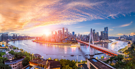 Aerial view of Chongqing city center skyline scenery at sunset