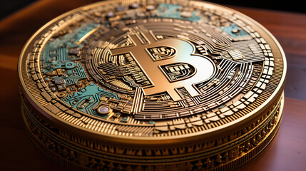Fototapeta na wymiar Golden Bitcoin: A Close-Up View,one bitcoin,close up of a bitcoin