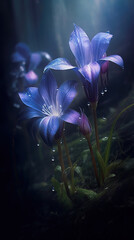 Mystical Illumination: Blue Flowers in a Dark Forest,flowers in the night