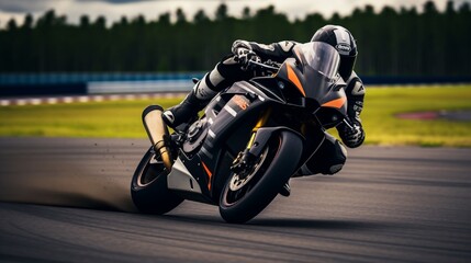 Ropazi, Latvia – On-track motorcycle practice leaning into a fast bend. MotoGP competition....