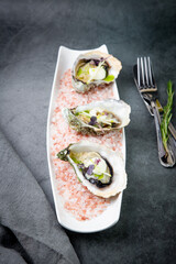fresh oysters on red sea salt on a white plate