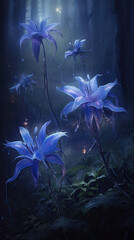 Fototapeta na wymiar Mystical Illumination: Blue Flowers in a Dark Forest,flowers in the night