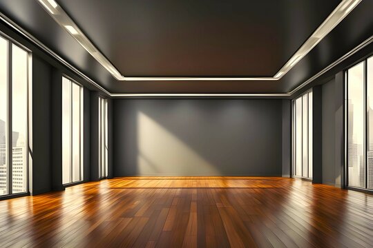 Full empty spaced office background interior with a dark warm moody tone and sunlight coming from window