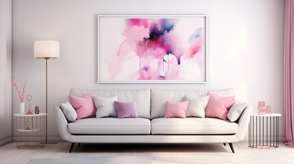Grey sofa with pink pillows and blanket against white wall with abstract art poster. Interior design of modern living room