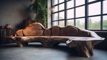 Unique hand crafted sofa made from tree trunk against white wall with decorative abstract tree as wall decor
