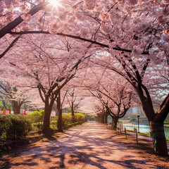 A Tranquil Journey through a Cherry Blossom Pathway,spring in the park,blossom tree in spring