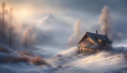 Meubelstickers 壁紙風景素材 雪山【好天の兆し】淡い水彩画風 © Shoithi