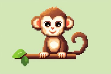 Pixel monkey on a branch with leaves. Pixel art concept. Cartoon style.