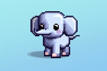 Pixel elephant on a blue background. Pixel art concept. Cartoon style.