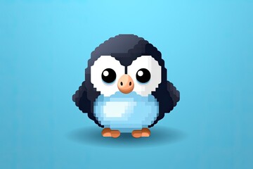 A pixel penguin on a blue background. Pixel art concept. Cartoon style.