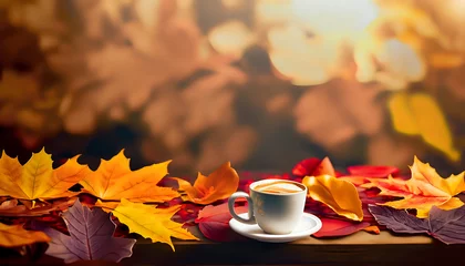 Poster cup of tea with autumn leaves, Brewing Autumn Bliss: Coffee Cup and Softly Blurred Background © Dostain
