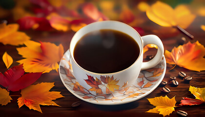 cup of coffee with leaves, Autumn's Morning Brew: Coffee Cup Amongst Fall Leaves