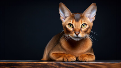 Studio Portrait of an Abyssian, cat. Orange fur, large ears and yellow eyes.