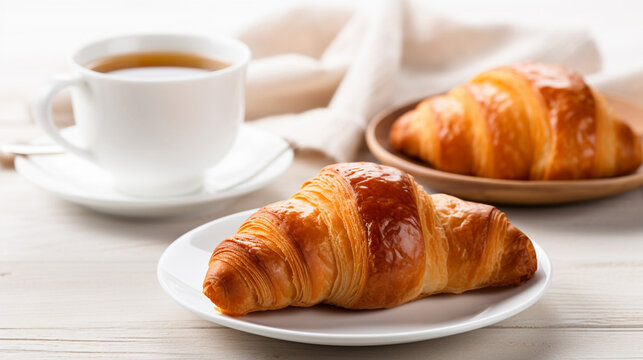 Breakfast with tea and croissant on a white wooden table