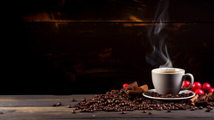 Hot coffee cup with fresh organic red coffee beans