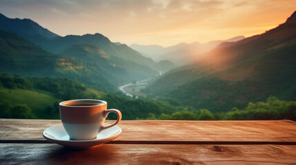 Amazing Hot morning cup of coffee with mountains background