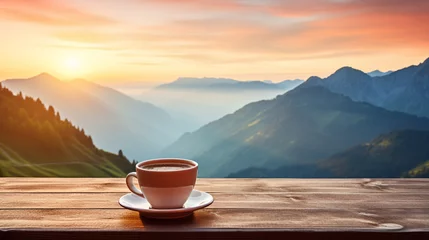 Poster Beautiful Hot morning cup of coffee with mountains background © BornHappy
