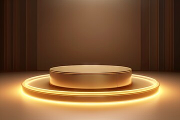 Empty podium design with gold accents. Spotlight on excellence. Stage presentation. Museum of minimalism. Golden cylinder pedestal design