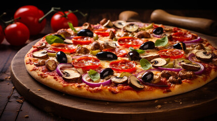 Beautiful Closeup of homemade vegetarian pizza on wooden backgro