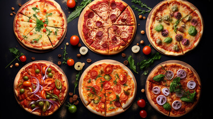 Fototapeta na wymiar Amazing Collage of freshly baked homemade pizza top view