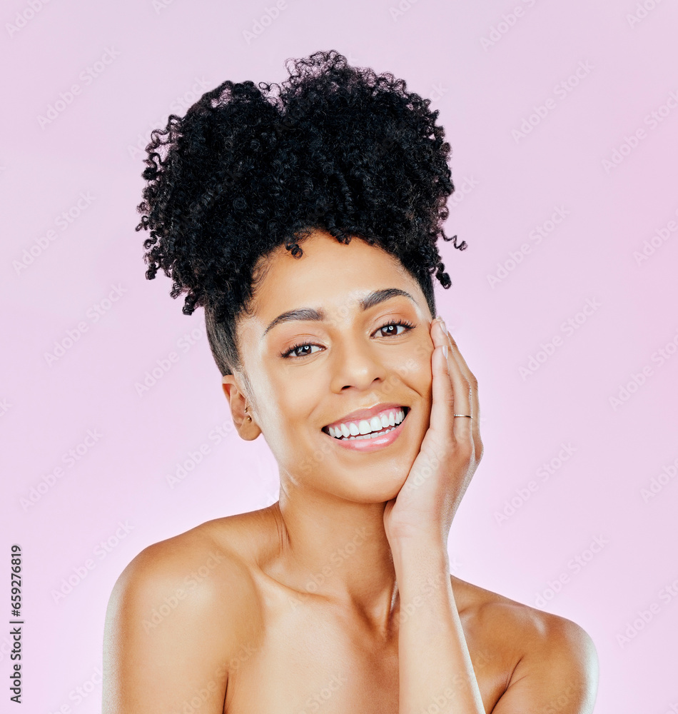 Canvas Prints Skincare, portrait and woman with natural beauty in studio for wellness, treatment or glow on pink background. Shine, smile and hands on face of female model with dermatology satisfaction or pamper