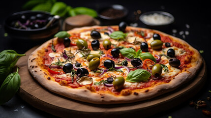 Beautiful Pizza on a Thin Dough with Olives and Fresh Basil