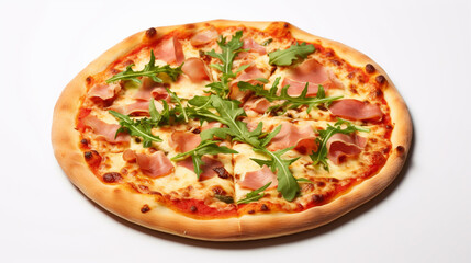 Fantastic Pizza with Ham Rucola and Vegetables on White Backgrou