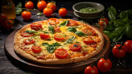 Vegetarian Italian Hot Pizza with Melted Cheese Red Tomato