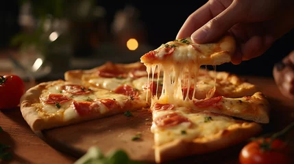 Foto op Plexiglas Fantastic Woman Taking Slice of Hot Cheese Pizza Margherita © BornHappy
