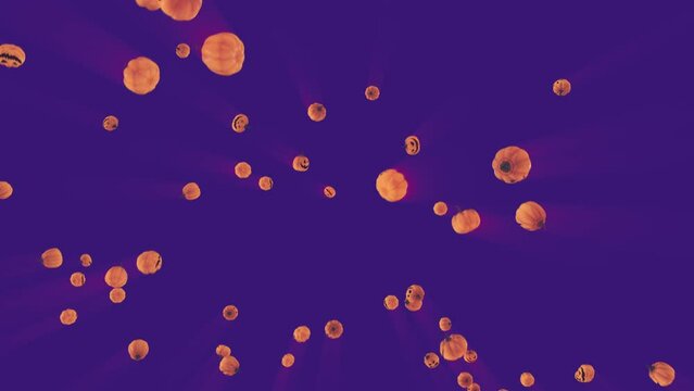 Pumpkins explosion on purple background.