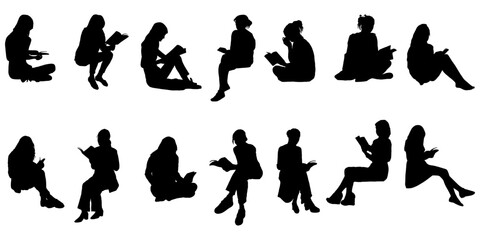 set of silhouettes of vevtor girl reading illustration