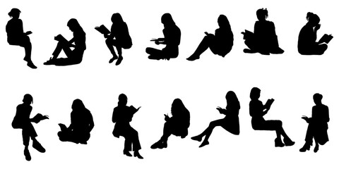 set of silhouettes of vevtor woman reading illustration - obrazy, fototapety, plakaty