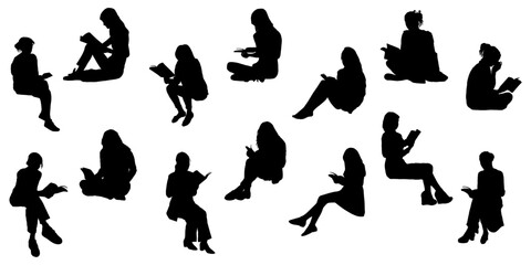 set of silhouettes of illustration girl reading vector - obrazy, fototapety, plakaty
