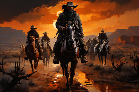 The image captures a group of rugged cowboys riding their horses across a vast, sun-drenched plain, their Stetson hats shading their eyes against the glare of the sun. 