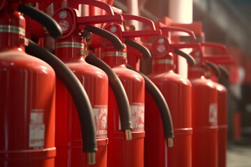 closeup of red fire extinguisher - obrazy, fototapety, plakaty