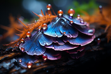 a black mushroom liquoriously glowing on a wood